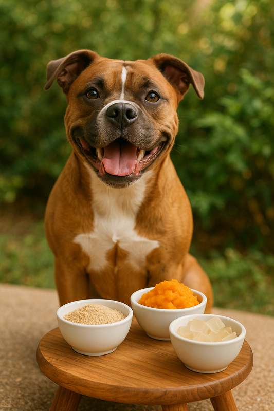 A dog sits in front of bowls of ingredients like pumpkin and gelatin