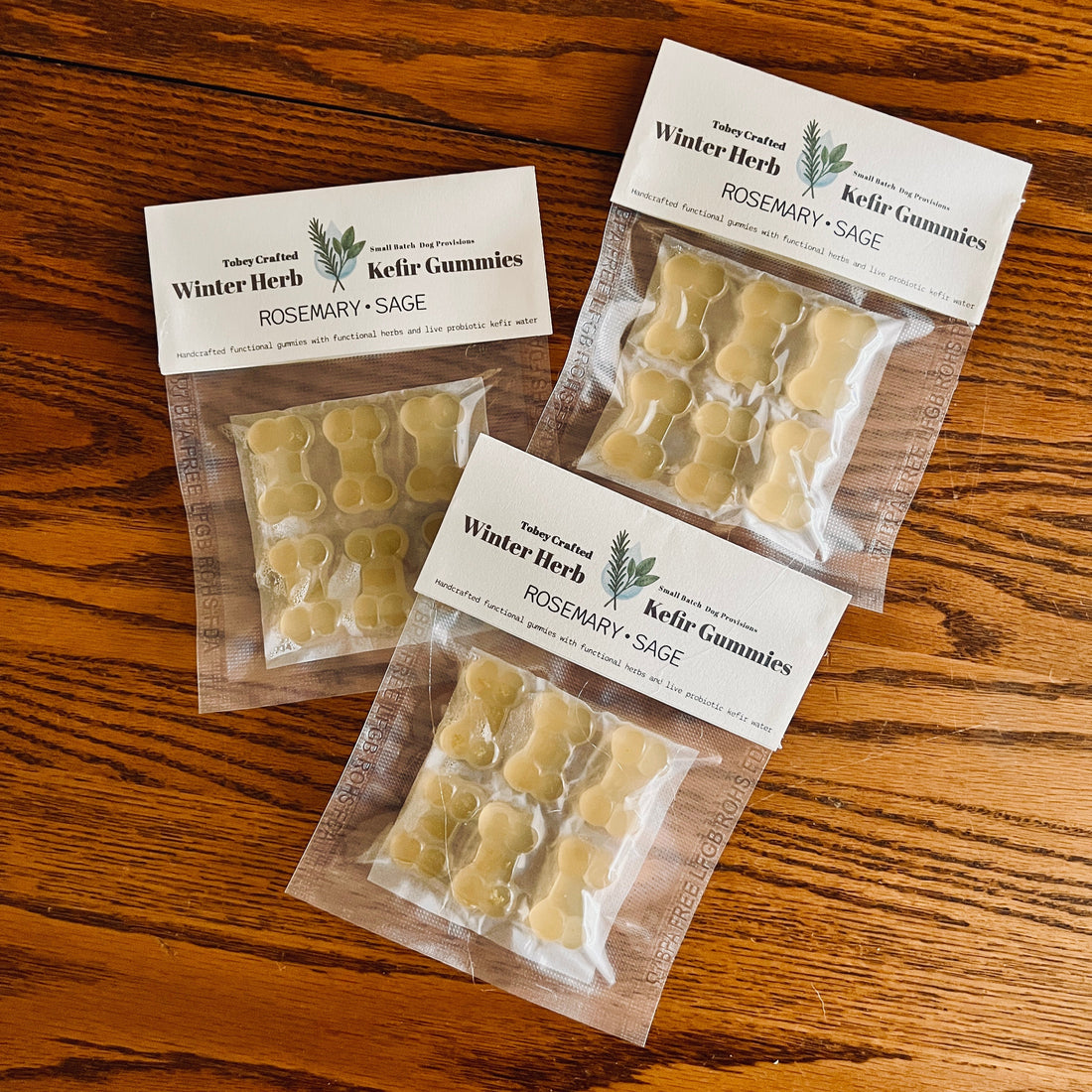 the vacuum packed bags of bone shaped kefir gummies for dogs