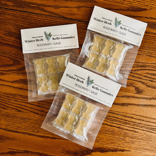 the vacuum packed bags of bone shaped kefir gummies for dogs