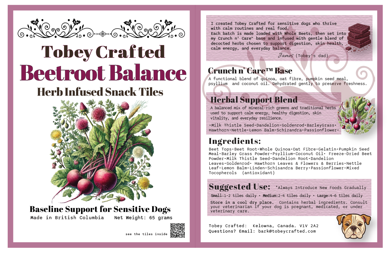 Label for Tobey Crafted Beetroot Balance Herb Infused Snack Tiles with ingredients and usage information.