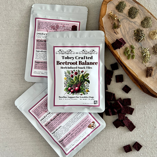 Tobey Crafted Beetroot Balance snack tiles with packaging on a neutral background