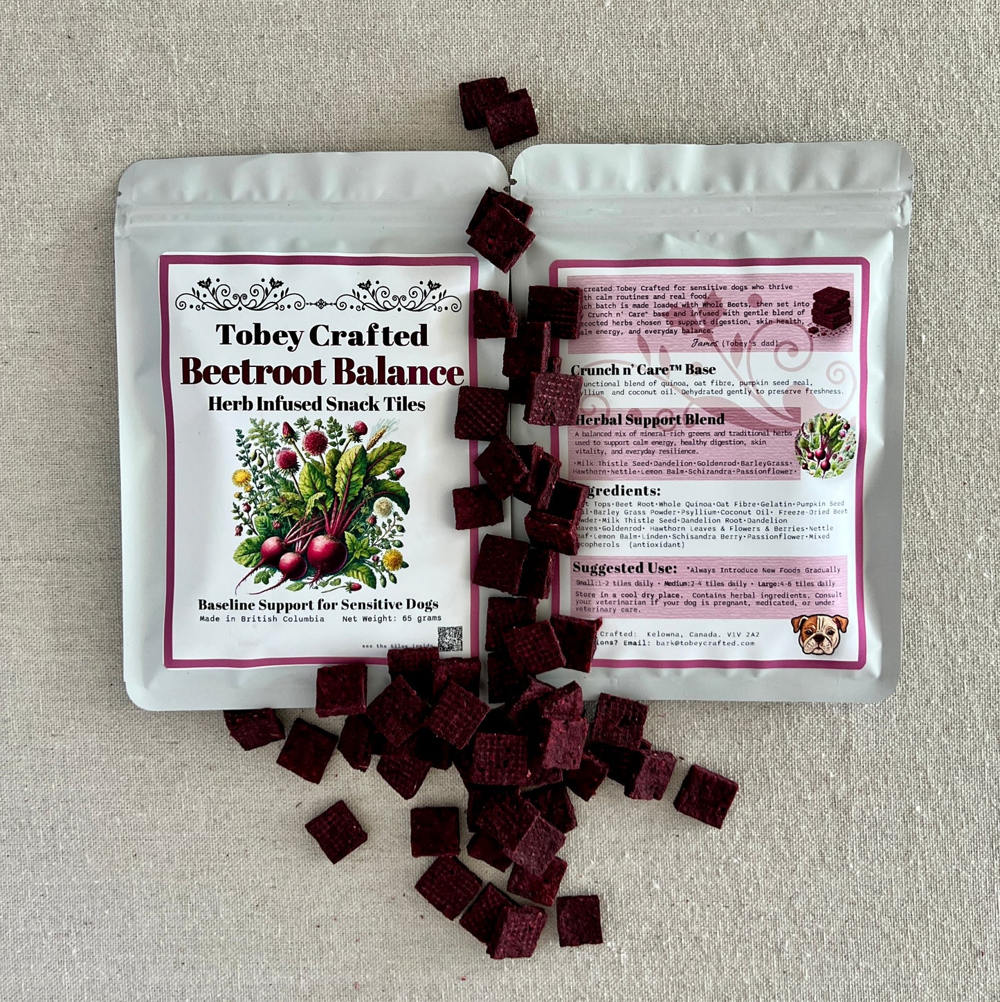 Tobey Crafted Beetroot Balance snack tiles with packaging on a textured surface