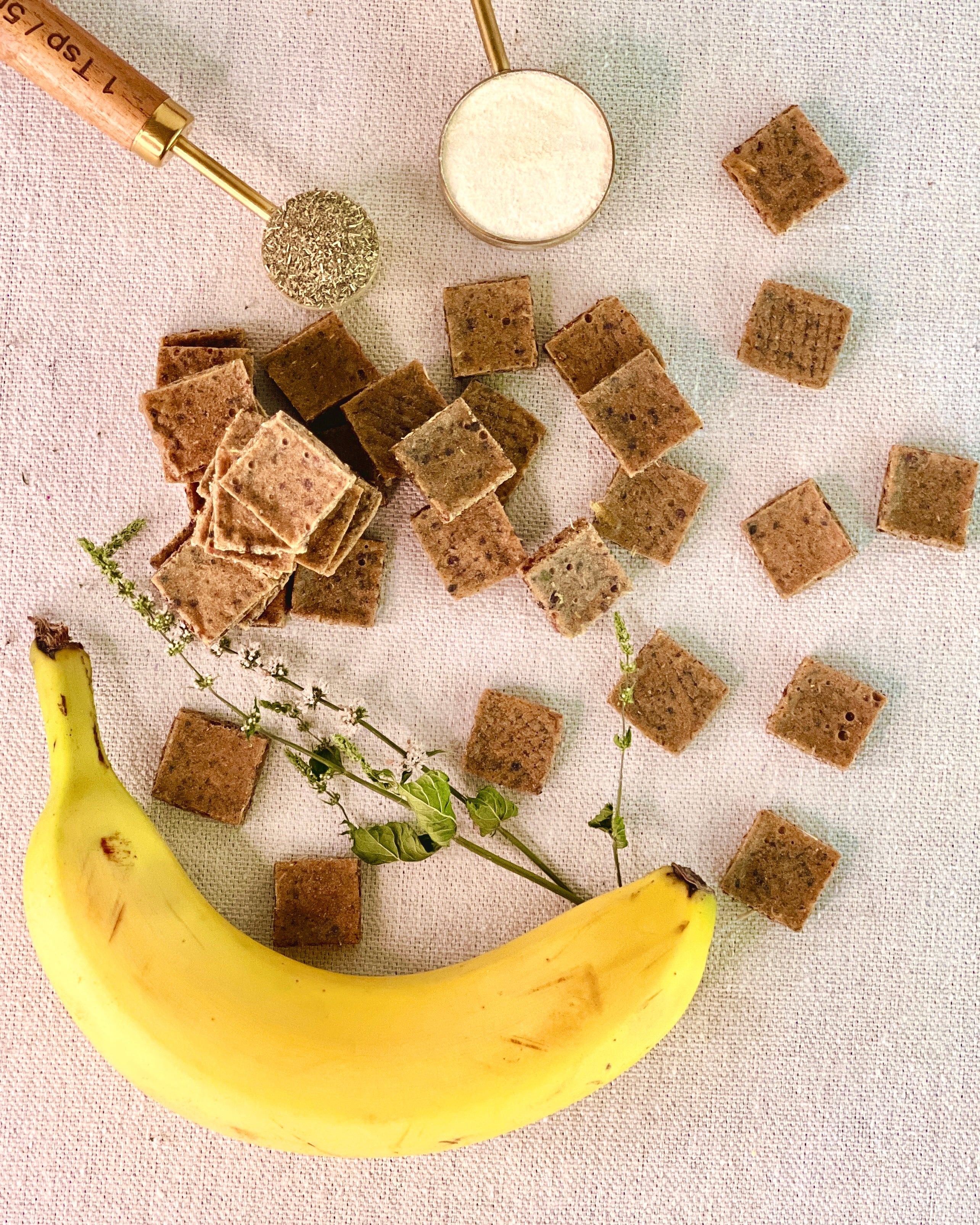 Brown square dog snacks with a banana on a textured surface